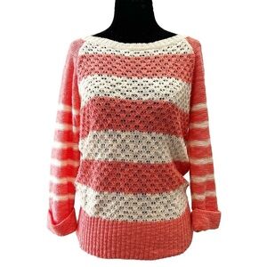 Ricki’s Sweater Lightweight Cotton Open Weave Coral Orange Stripes Size Small